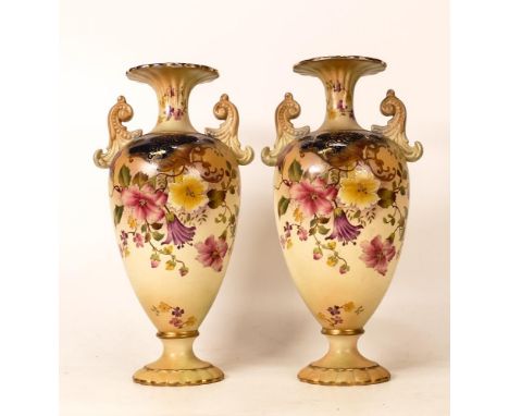 A Pair of Carltonware Wiltshaw &amp; Robinson Ivory Blushware Twin Handled Baluster Vases in the Petunia Pattern, flow blue g