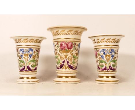 In the manner of Spode, Three Georgian Porcelain Garniture Vases, with Polychrome Regency Floral Sprays and Gilding. Reglued 