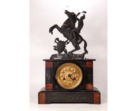 Early 20th Century Slate Mantle Clock with spelter figure , height 54cm 