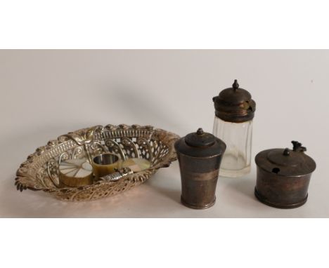 Silver cruet oddments x 2, damaged silver pierced dish &amp; silver pill box (weighable silver 163g), together with additiona