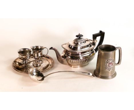 Silver plated tea pot, large &amp; small plated ladle and other items of silver plate plus pewter tankard with Jollees enamel