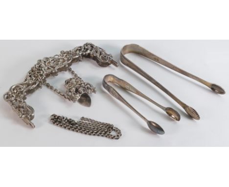 Assortment of hallmarked silver items - evening bag clasp with chatelaine type clip, 2 x sugar tongs, and a part watch chain,