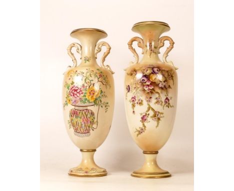 Two Carltonware Wiltshaw &amp; Robinson Ivory Twin Handled Baluster Vases in the Rose Garland and Basket of Flowers. Gilt hig