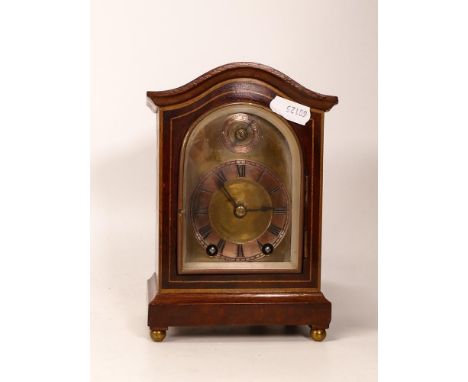 Mahogany Cased 2 Train Minature Mantle Clock, height 17cm 