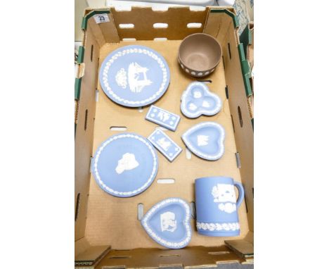 A collection of Wedgwood Jasperware including smalll Bowl Bowl decorated with shells, Blue Jasperware tankard, , pin trays as