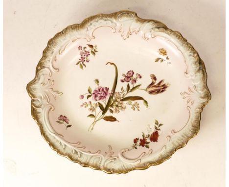 Carltonware Wiltshaw &amp; Robinson Green Blushware Bowl decorated with Tulips floral spray, Rococo relief moulding to gilt b