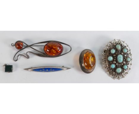 Large silver and turquoise overseas made brooch, 2 x silver and faux amber brooches, silver &amp; enamel brooch and a small s