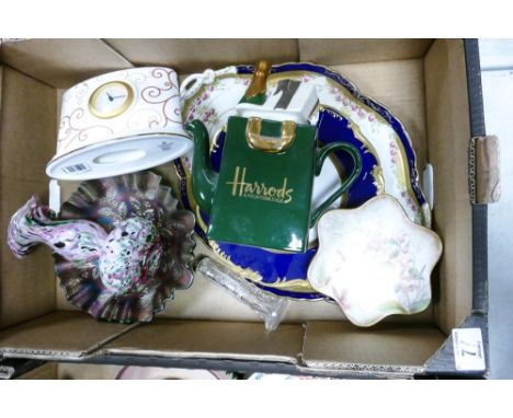 A mixed collection of items to include Wedgwood Marrakech pattern Mantle clock, Novelty Harrods Teapot, Carnival Glass Bowl, 