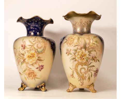 A Near Pair of Carltonware Wiltshaw &amp; Robinson Ivory Blushware Three Footed Vase in the Carnation Pattern, Blue ground an