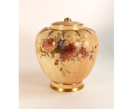 Large Royal Worcester large vase with lid, hand painted on blush ground.  Very minor signs of wear in odd places, measures 21