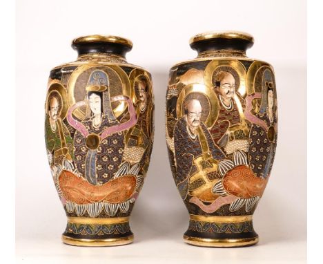 Pair of large Satsuma vases, gilded and enamel decorated all around with male &amp; female characters, h.31.5cm. (2) 