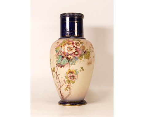 Carltonware Wiltshaw &amp; Robinson Ivory Blushware Vase in a thorned rose pattern with raised gilding. Blue ground to base a