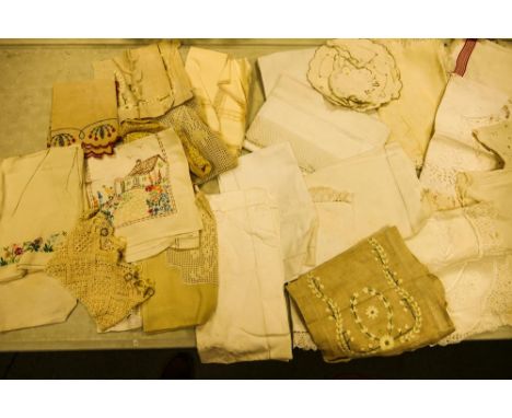 A collection of early 20th Century &amp; later embroidered linen, Table cloths &amp; Lace items 