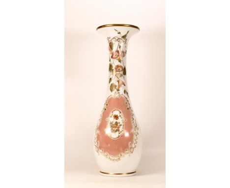 Large Milk Glass Vase of Baluster form, with rococo enamel decoration, floral sprays and gilt highlights and borders.  Height