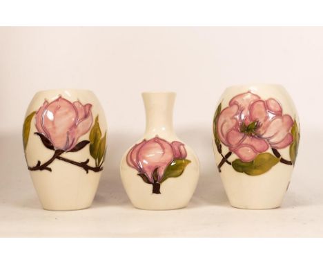 Moorcroft Pink Magnolia on Cream Ground Pair of Vases &amp; small similar item, tallest 13cm(3) 
