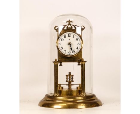 Brass Anniversary clock with glass dome by Badische Uhrenfabrik, Arabic white enamel dial, height 28cm 