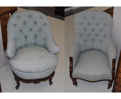 Two Victorian mahogany framed green upholstered button back chairs 