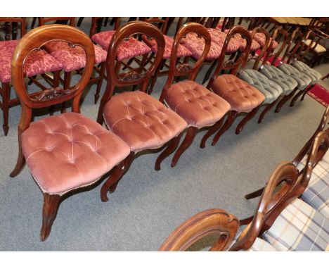 A set of four Victorian mahogany balloon back dining chairs with button seats, together with another set of Victorian mahogan
