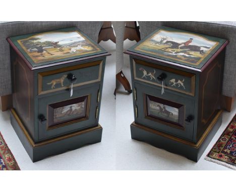 A pair of modern bedside cupboards painted with hunting shooting scenes 