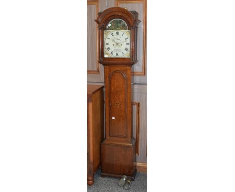 An oak eight day longcase clock with a rocking Adam &amp; Eve automata, arch painted dial, signed John Braund, Hatherleigh, e