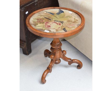 A Victorian mahogany circular tripod table with wool work panel, together with a 19th century mahogany table (a.f.) (2)