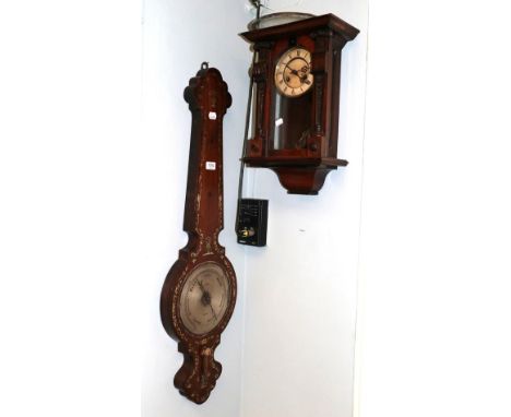 A Victorian rosewood and mother of pearl inlaid wheel barometer, dial signed Snow, Ripon, and a striking wall clock (a.f.) (2