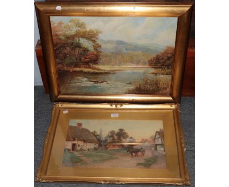 R Butler, extensive riverside landscape, signed, oil on canvas board; together with S Towers, village scene with cart, signed