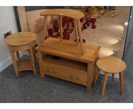 Three modern light wood occasional tables; a similar low stand; and coffee table (5)
