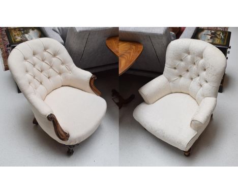 Two Victorian mahogany framed cream upholstered button back chairs 