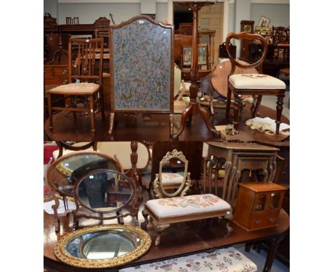 A quantity of occasional furniture to include: nesting tables, smokers cabinet, five assorted mirrors, footstool, balloon bac