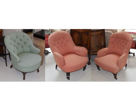 A pair of Victorian mahogany framed button back tub chairs upholstered in contrasting pink and green fabric, together with a 