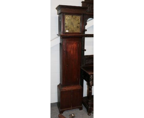 ~ An oak thirty hour longcase clock, signed Thos Watts, Hadleigh, 18th century, 11-inch square brass dial, single hand, bird 