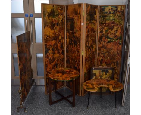 A group of modern furniture designed to look like Victorian scrap work comprising: a four-fold screen, a large fire screen, a