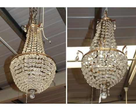 A large lustre drop bag three-light ceiling light; together with a smaller example (2) 