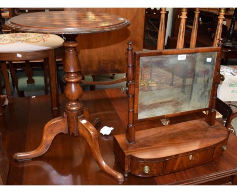 A 19th century mahogany toilet mirror and a 19th century elm tripod table with games board top (2)