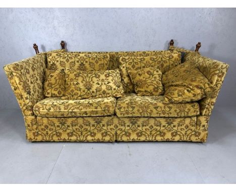 Contemporary knowle drop arm sofa by Brights of Nettlebed, with turned wood finials, approx 200cm in length: WINNER OF THIS L