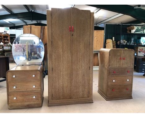 Mid Century light wood bedroom suite consisting of single wardrobe, small chest of three drawers with cupboard over and three