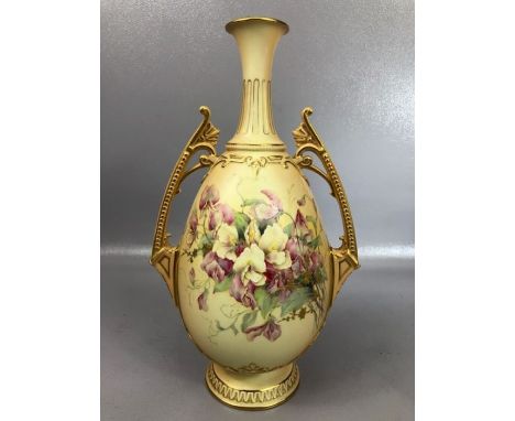 Royal Worcester blush porcelain two handle vase, shape 1936, gilt highlighted with flower sprays within moulded borders, appl