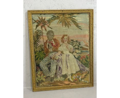 Antique framed tapestry depicting two figures in a landscape with trees and flowers, approx 46cm x 35cm