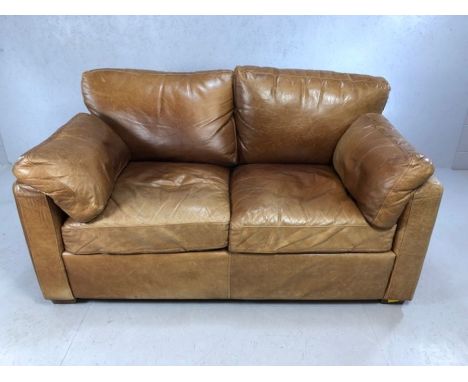 Two seater brown leather sofa, approx 160cm in length x 100cm deep