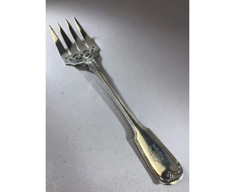 Solid silver Victorian hallmarked for London 1859 large meat fork by maker Chawner &amp; Co (George William Adams) approx 26c