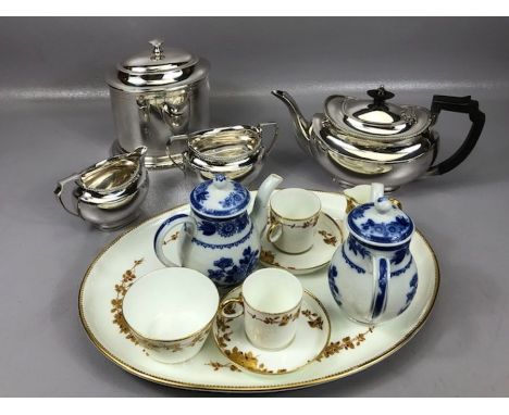 Collectables to include Claridges A1 silver plated biscuit barrel, approx 17cm in height, Silver plated tea set by Atkin Brot