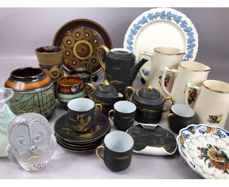 Collection of ceramics and glassware to include black and gold Japanese tea set, two pieces of Celtic Pottery, three graduate