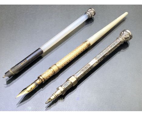 Hallmarked Victorian Silver propelling pencil Birmingham by maker Constantine &amp; Floyd, Gold coloured propelling fountain 