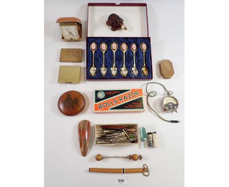 Various collectables including Smiths travel clock, hair pins, compacts, Rolls Razor, Volt meter etc. 