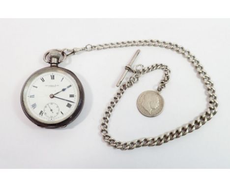 A silver pocket watch by Thomas Russell &amp; Son Birmingham 1916 and a silver fob chain with coin, chain 44g 