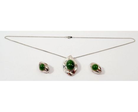 A silver and nephrite jade pair of earrings and necklace, with box 