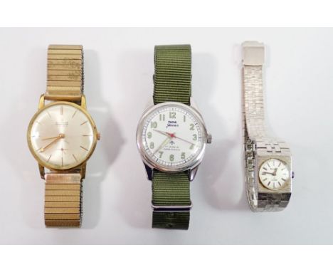 A gents Allaine wrist watch, an Indian army watch and a ladies Accurist silver plated bracelet watch 