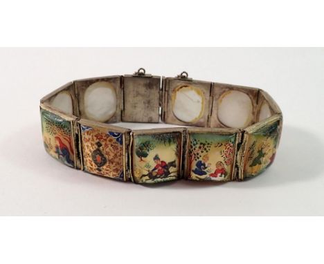 A Burmese white metal painted mother of pearl bracelet 