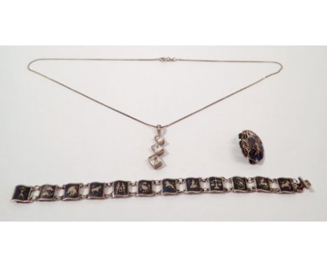 A silver modern zigzag pendant and chain an a niello sterling silver bracelet and brooch 